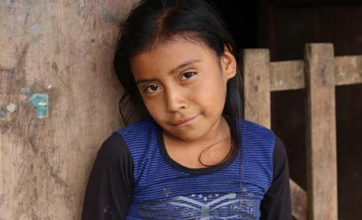 Portrait of a Guatemalan girl from Quiche, wearing a purple and black blouse