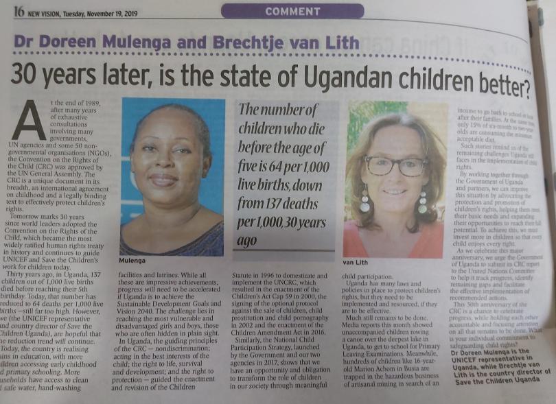 A joint op-ed by Save the Children and UNICEF published in the New Vision