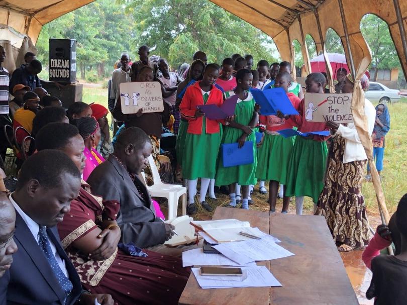 Girls from Loodoi primary school present at the event in Napak district