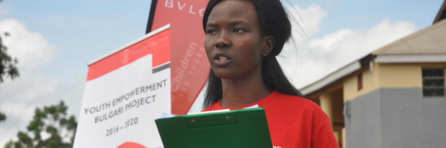 Youth advocate Anena Cynthia Marion delivers a speech against child marriage to local cultural leaders