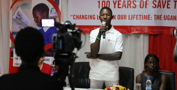 Davis, a youth champion from Wakiso, speaks about access to sexual and reproductive health. Alun McDonald / Save the Children