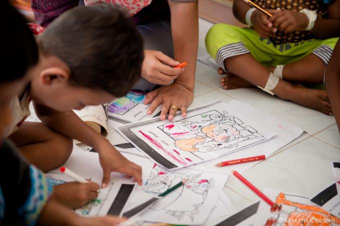 Drawing and colouring are among the activities supported by Save the Children at the shelter.  Abu and Bassam like to sit by each other’s side in these activities.